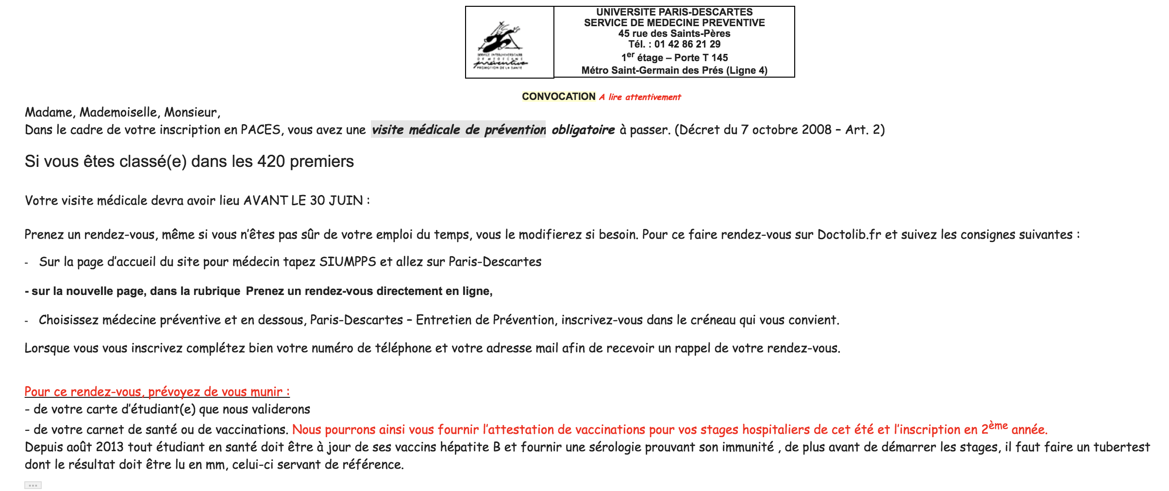 vaccin obligatoire etudiant medecine